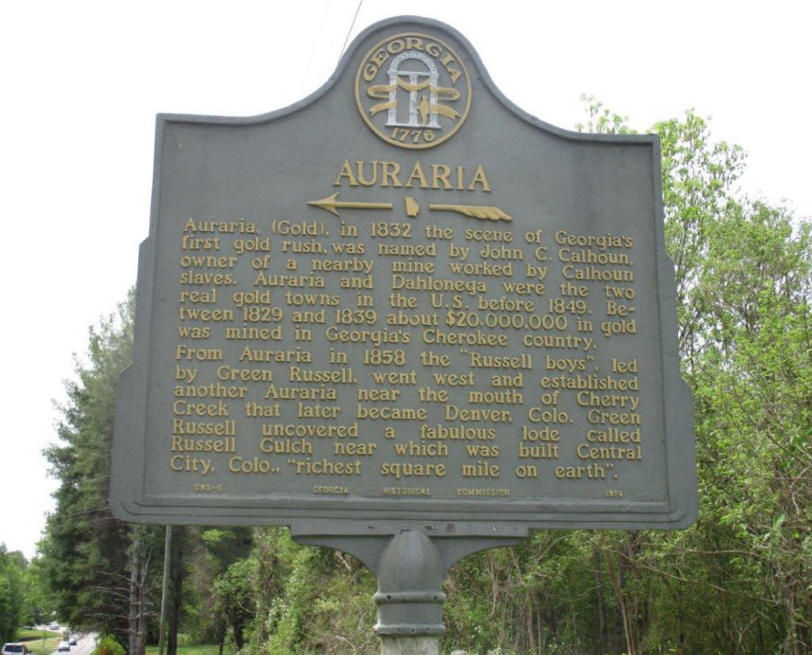 Sign marker for Auraria near Dahlonega, GA