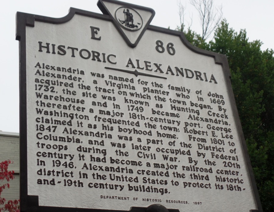 Sign at Alexandria, Virginia about the founding and naming of the twon for John Alexander