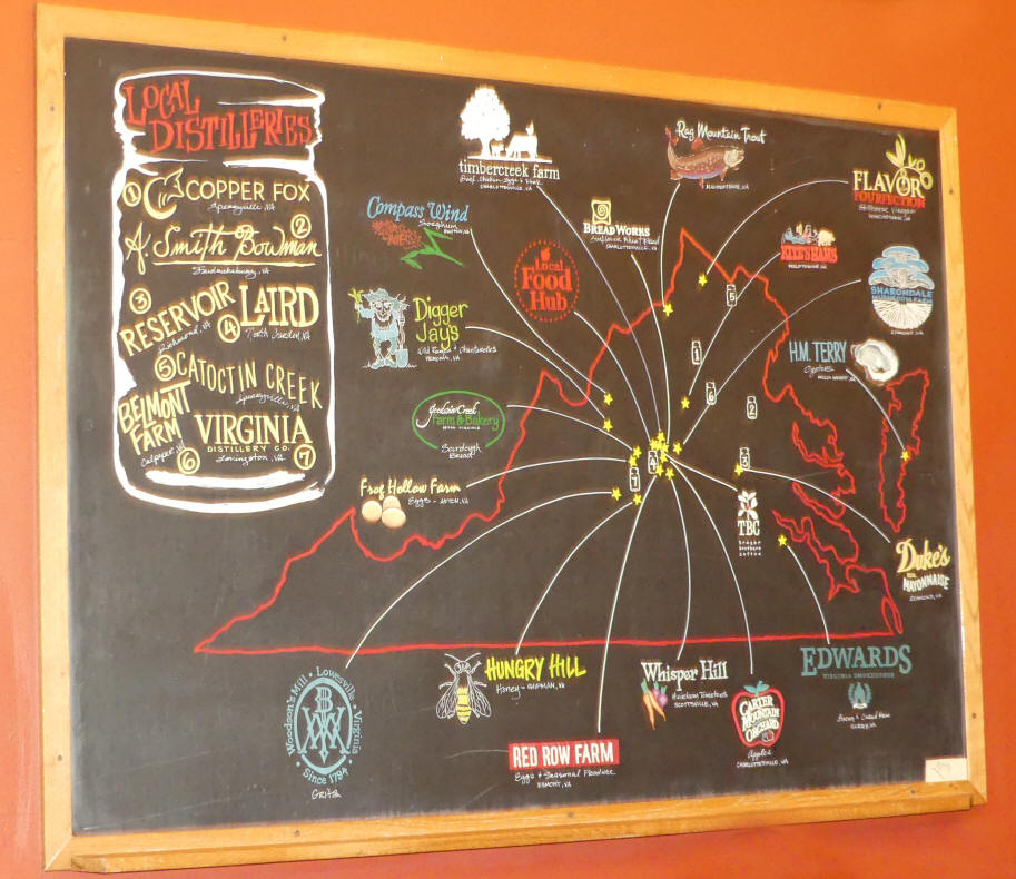 Blackboard showing where food and shiskey comes from at Whiskey Jar