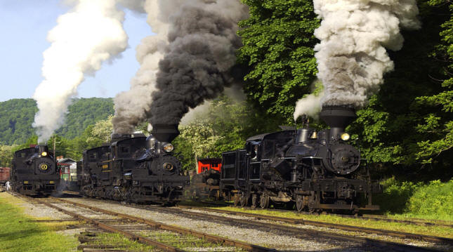 Several vintage locomotives at Cass Railroad State Park in Pocahontas County, West Virginia