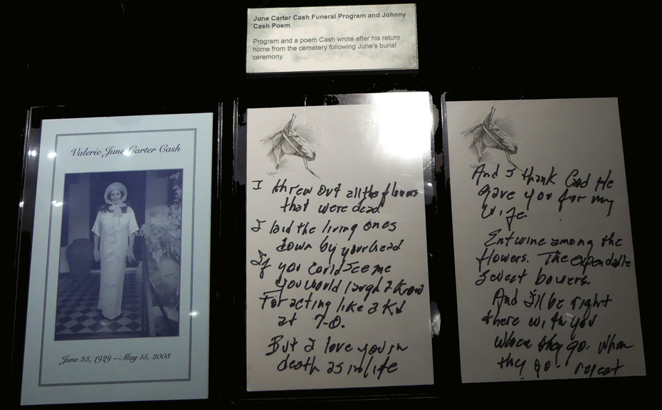 Exhibit in Johnny Cash museum of June's funeral program and poem he wrote after.