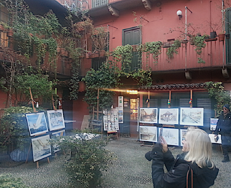 art display in courtyard in Milan, Italy