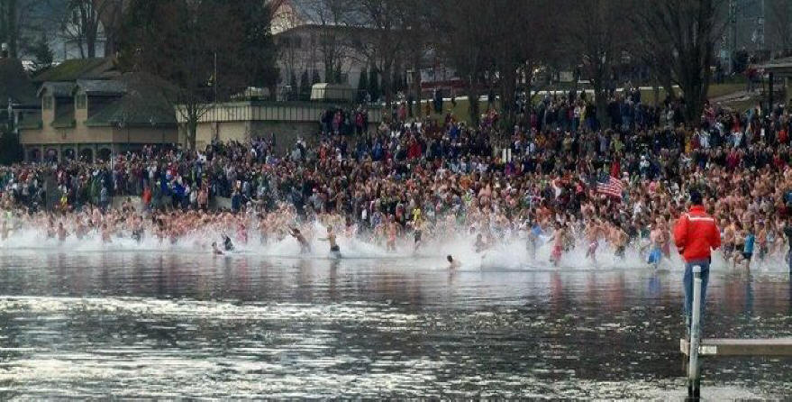 Swimmers in Lake George during Winter Carnival