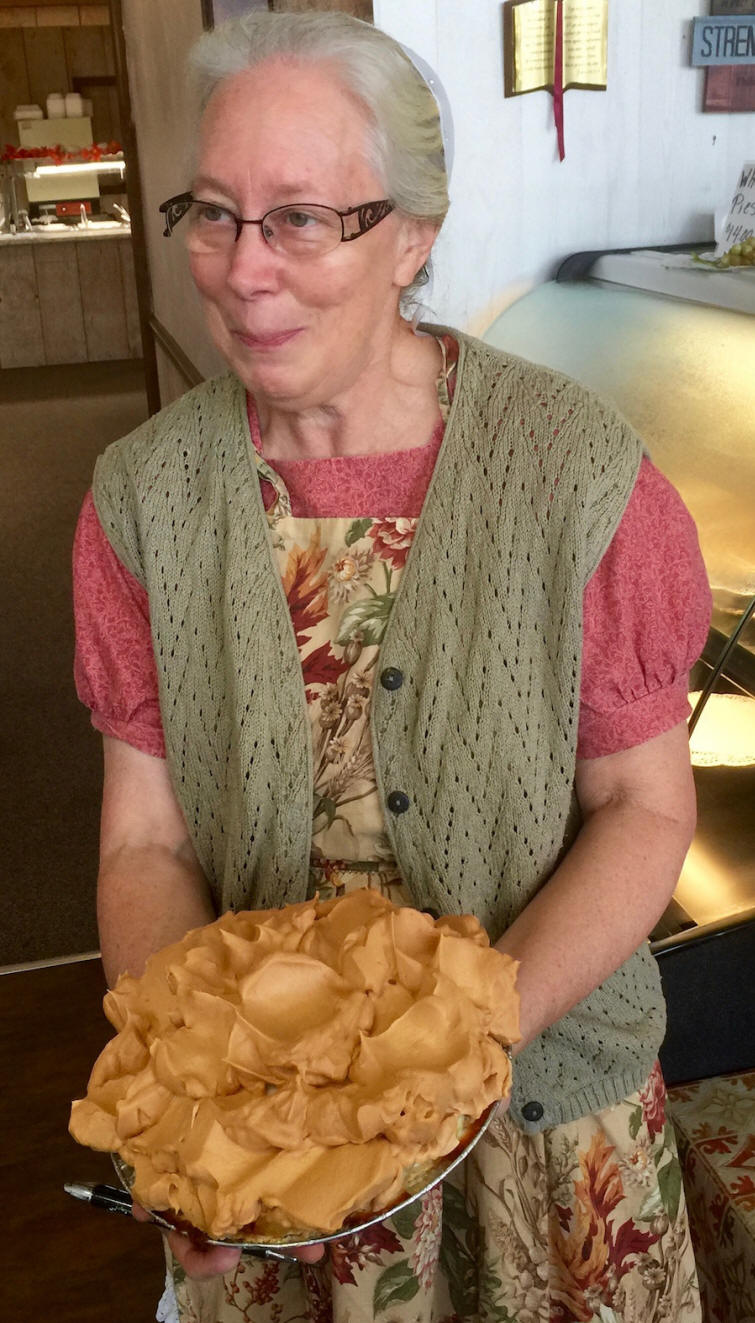 A Pie held by Lill Stoltzfus at a Mennonite meal in Throughbred Country, SC