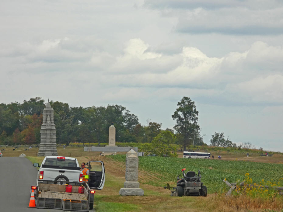 a truck servicing some of the monuments at gettysburg battlefield
