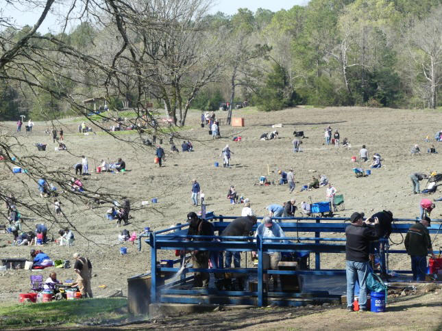 people digging at crater of diamonds