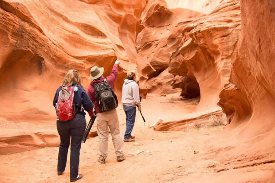 group of photograhoers look up at  slot canyons in Page, AZ