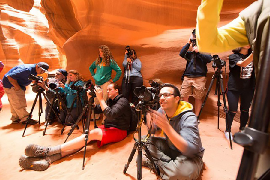 Group of photographers prepare to shoot in slot canyons in Page, AZ