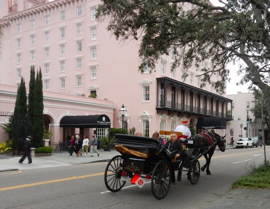 horse and carriage in fornt of pink building