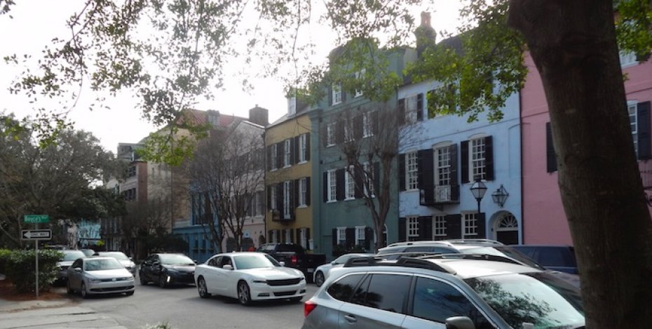 large houses painted rainbow colors