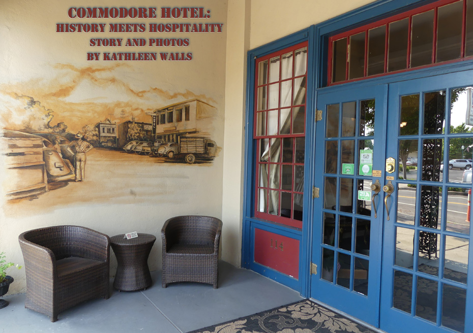 Entrance to Commodore Hotel with mural on side wall