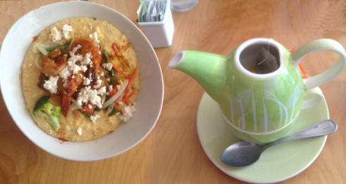 Grits bowl and tea at Lemongrass Thai Bistro in Macon, Georgia