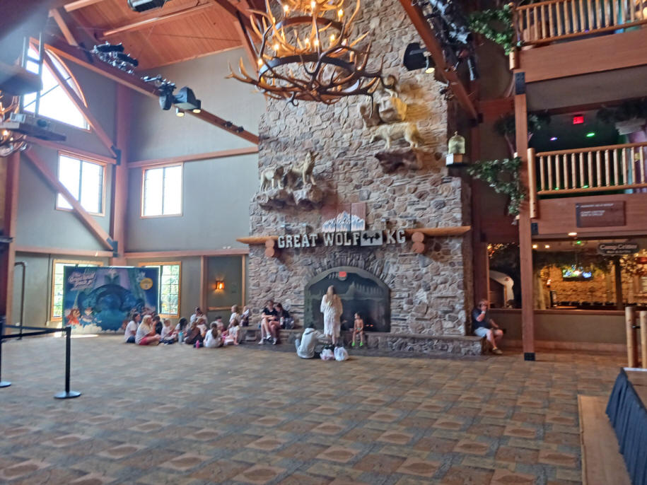 fireplace with lots of people at great wolf lodge