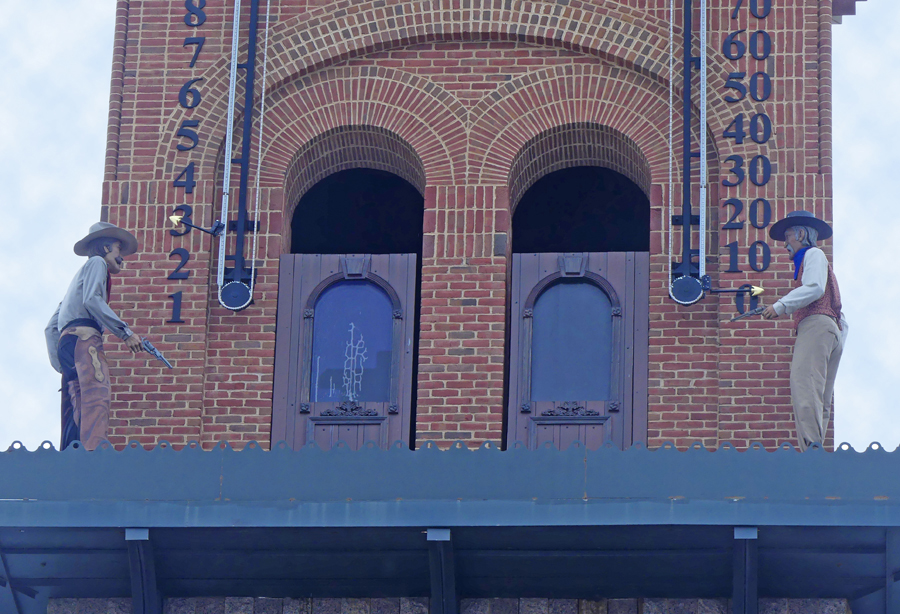 Nat and Willie Glockenspiel characters on clock tower in Grapevine, TX