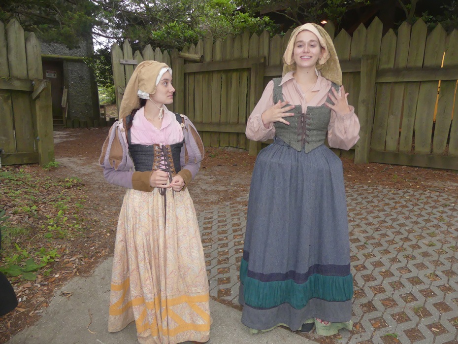 Two ladies in Elizabethan costume of stage at The Lost colony play 