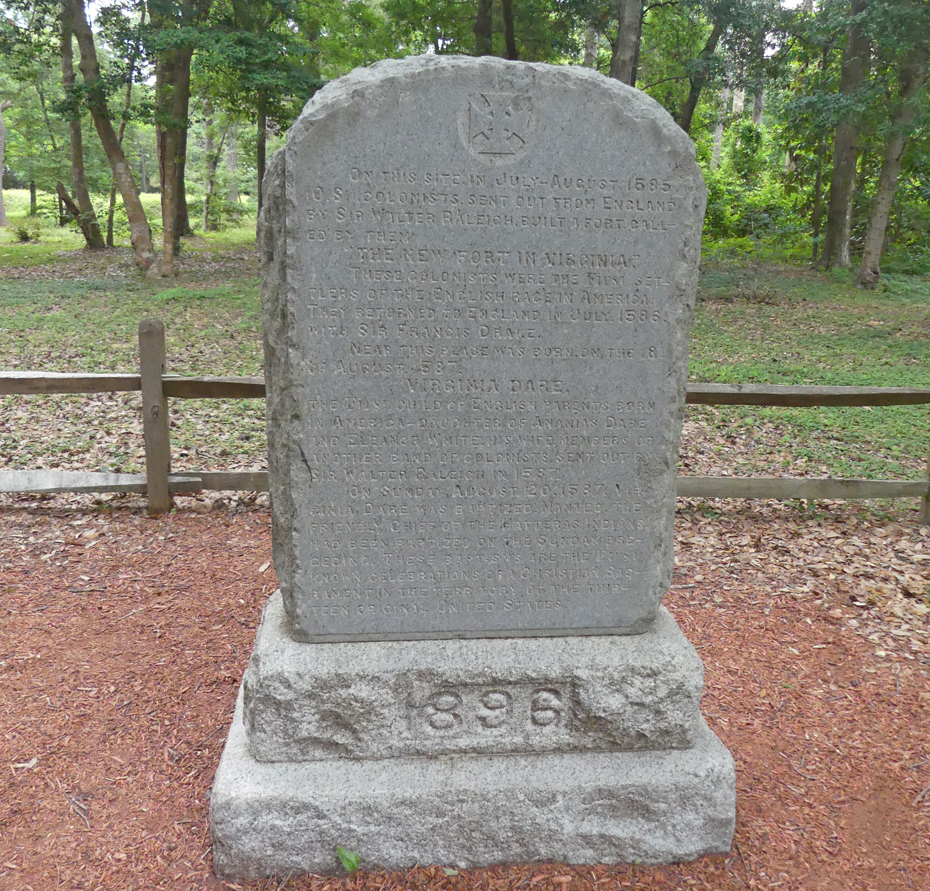 large stone marker commemorating baprism of Virginia Dare 