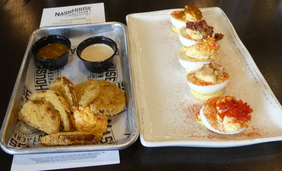 trays with fried green tomatoer and deviled eggs