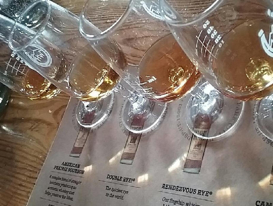 A flight of craft whiskey at HighWest Distillery. 