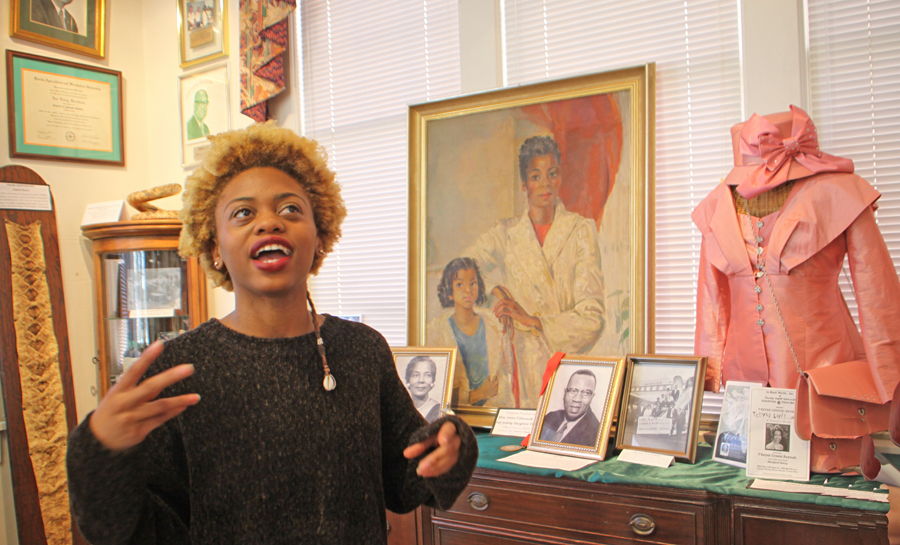 Guide at Meek Eaton Black Archives describing exhibits