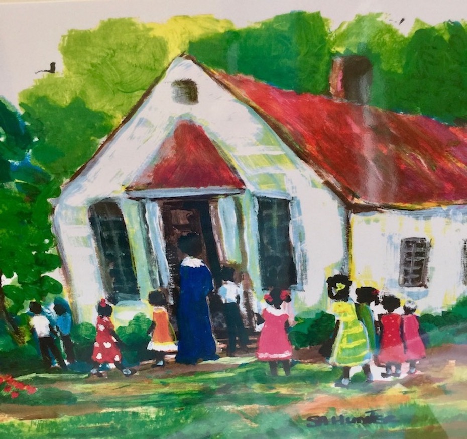 Painting of Gulla schoolhouse with teacher and children in front