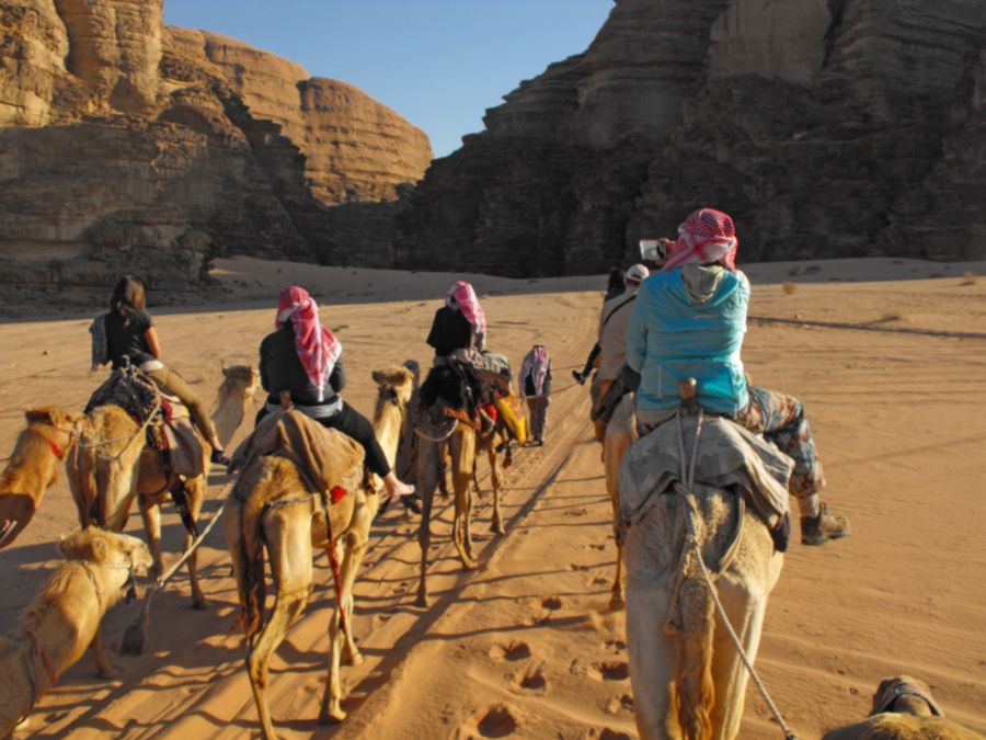 Visitors in a camel caravan in Wadi Rum